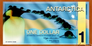 Antarctica | 1 Dollar, 2008 | Obverse: Emperor Penguins on march on Petermann Island | Reverse: Emperor Penguins and Wilkins' Ice Shelf Collapse map | Banknote