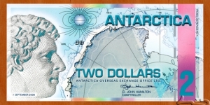 Antarctica | 2 Dollars, 2008 | Obverse: James Clark Ross (1800-1862) and Ross Dependency on Antarctica map | Reverse: Map outlines of New Zealand and Antarctica with New Zealand's claim to Ross Dependency in Antarctica, and Flag of New Zealand | Banknote