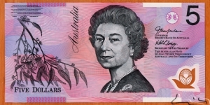 Australia | 
5 Dollars, 2006 | 

Obverse: Portrait of Queen Elizabeth II, and Sprig of eucalyptus | 
Reverse: The old and new Parliament Houses in Canberra | 
Window: Eucalyptus leaf | Banknote