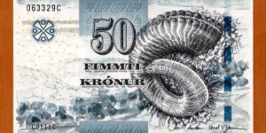 Faroe Islands | 
50 Krónur, 2011 | 

Obverse: Ram's horn | 
Reverse: Hillside in Sumba | 
Watermark:Ram's head | Banknote