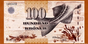 Faroe Islands | 
100 Krónur, 2002 | 

Obverse: Fish tail | 
Reverse: View from Klaksvík | 
Watermark: Ram's head | Banknote