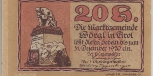 Austria-Tirol Notgeld 20 Heller 1920 Banknote