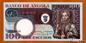 Angola | 
100 Escudos, 1973 | 

Obverse: Luiz de Camões (Luis Vaz de Camões) (1524-1580), the greatest poet of the Portuguese language, Portuguese Angolan National Coat of Arms | 
Reverse: Coconut Palm (Cocos nucifera) | 
Watermark: Luis Vaz de Camões | Banknote