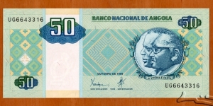 Angola | 
50 Kwanzas, 1999 | 

Obverse: Portraits of José Eduardo dos Santos and António Agostinho Neto | 
Reverse: Offshore oil rig, and National Coat of Arms | 
Watermark: Sculpture of a primate | Banknote