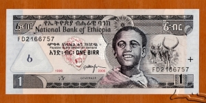 Ethiopia | 
1 Birr, 2006 | 

Obverse: Obverse: A boy, Lion head, and Longhorns | 
Reverse: White-throated bee-eaters and Tisisat waterfalls on the Blue Nile | Banknote