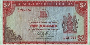 Rhodesia 1975 2 Dollars. Banknote