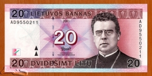 Lithuania | 
20 Litas, 2001 | 

Obverse: Romantic poet Maironis (Jonas Mačiulis) (1862-1932), is one of the most famous Lithuanian poets | 
Reverse: Statue of Liberty and Vytautas Magnus War Museum in Kaunas | 
Watermark: Vytis | Banknote