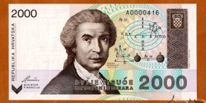 Croatia | 
2,000 Dinara, 1993 | 

Obverse: Mathematician, astronomer and physicist Ruđer Bošković (1711-1787), and Geomatric calculations | 
Reverse: Sculpture 