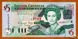 Montserrat | 
5 Dollars, 2003 | 

Obverse: Portrait of Queen Elisabeth II, ECCB building, Turtle, Green-throated Carib (Eulampis jugularis), and Fishes | 
Reverse: Admiral's House in Antigua & Barbuda, Map of the Eastern Caribbean islands, Trafalgar Falls in Dominica, and Fishes | 
Watermark: Queen Elisabeth II | Banknote