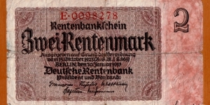 Third Reich | 
2 Rentenmark, 1937 | 

Obverse: Denomination | 
Reverse: Wheat sheaf | Banknote