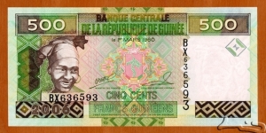 Guinea | 
500 Francs, 2006 | 

Obverse: Portrait of smiling woman, drum, and and Coat of Arms | 

Reverse: Conveyor in a mining facility | 

Watermark: Smiling woman | Banknote