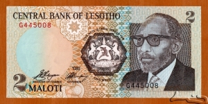 Lesotho | 
2 Maloti, 1989 | 

Obverse: Bust of  Moshoeshoe II (1938-1996), and National Coat of Arms | 
Reverse: Hous in shape of Mokorotlo (A straw hat used for traditional Sotho clothing, and is the national symbol of Lesotho), and Waving flag of Lesotho | 
Watermark: King Moshoeshoe II | Banknote
