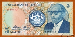 Lesotho | 
5 Maloti, 1989 | 

Obverse: Bust of  Moshoeshoe II (1938-1996), and National Coat of Arms | 
Reverse: Maletsunyane Falls | 
Watermark: King Moshoeshoe II | Banknote