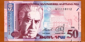 Armenia | 
50 Dram, 1998 | 

Obverse: Great Armenian composer Aram Khachatryan (1903-1978) and Yerevan Opera House | 
Reverse: An episode from 