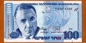 Armenia | 
100 Dram, 1998 | 

Obverse: Portrait of Armenian astrophysicist Victor Hambardzumyan (1908-1996), Depiction of the Solar System and the space | 
Reverse: The Building of the Byurakan Astrophysical Observatory, and A telescope | 
Watermark: Repeated National Coat of Arms | Banknote