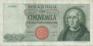 5'000 Lire - pk 98a - sign.Carli & Ripa Banknote