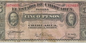 Estado de Chihuahua - 5 Pesos - pk S 532a - D. 10.02.1914 / 1-1915 - Serie H Banknote