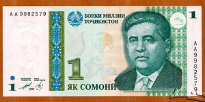 Tajikistan | 
1 Somonī, 2000 | 

Obverse: Portrait of Mirzo Tursunzoda (1911-1977), was a Tajikistani poet and political figure, Orange earth globe, and Map of Tajikistan | 
Reverse: National Bank of Tajikistan building in Dushanbe, and National flag of Tajikistan | 
Watermark: Mirzo Tursunzoda | Banknote