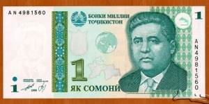 Tajikistan | 
1 Somonī, 2010 | 

Obverse: Portrait of Mirzo Tursunzoda (1911-1977), was a Tajikistani poet and political figure, Green earth globe, and Map of Tajikistan | 
Reverse: National Bank of Tajikistan building in Dushanbe, and National flag of Tajikistan | 
Watermark: Mirzo Tursunzoda | Banknote