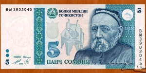 Tajikistan | 
5 Somonī, 2010 | 

Obverse: Portrait of Sadriddin Aynī (1878-1954) with writing table, ink tray and paper | 
Reverse: Tomb of Abūabdullohi Rūdakī , and National flag of Tajikistan | 
Watemark: Sadriddin Aynī | Banknote