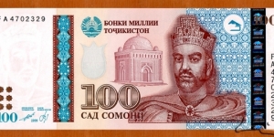 Tajikistan | 
100 Somonī, 2000 | 

Obverse: Portrait of Ismoili Somonī (or Isma'il ibn Ahmad) (849-907), was the Samanid emir of Transoxiana (892-907) and Khorasan (900-907), Mausoleum and tomb of Ismoili Somonī in Bukhara, Uzbekistan | 
Reverse: Presidential Palace on Prospekt Rūdakī (the main street of Dushanbe), and National flag of Tajikistan | 
Watermark: Ismoili Somonī | Banknote