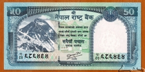 Nepal | 
50 Rupees, 2012 | 

Obverse: Mount Everest, Rama-Janaki temple of Janakpur, and Old coin | 
Reverse: Mountain Goat, and Bank logo | 
Window: Lali Gurans (Rhododendron arboreum), the national flower of Nepal | Banknote