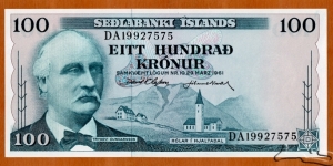 Iceland | 
100 Krónur, 1961 | 

Obverse: Effigy of banker and entrepreneur Tryggvi Gunnarsson (1835-1917), Hólar in Hjalta Valley (Hólar í Hjaltadal) in northern Iceland | 
Reverse: Shepherds rounding up sheep near Mt. Hekla volcano, and Bank logo | 
Watermark: Portrait of First President of the Republic of Iceland - Sveinn Björnsson in profile | Banknote