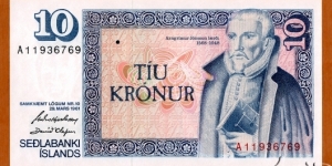 Iceland | 
10 Krónur, 1981 | 

Obverse: Scholar Arngrímur Jónsson the Learned (1568-1648) | 
Reverse: Old Icelandic household scene based on Auguste Mayer's drawing in Gaimard's 