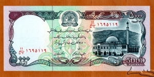 Afghanistan | 
5,000 Afghanis, 1993 | 

Obverse: Seal of The Afghanistan Bank, and Pul-e Kheshti Mosque | 
Reverse: Mausoleum of Ahmad Shah Durrani in Kandahar | 
Watermark: Seal of The Afghanistan Bank | Banknote