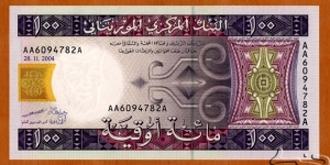 Mauritania | 
100 Ouguiya, 2004 | 

Obverse: Geometric and ornamental designs with native motive | 
Reverse: Ardin – a string musical instruments, Cow in front of ancient Ksour of Ouadane, Chinguetti, Tichitt, and Oualata | 
Watermark: Head of an old bearded man | Banknote