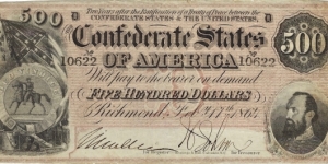 CONFEDERATE STATES 500 Dollars
1864
 Banknote