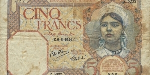 ALGERIA 5 Francs
1941 Banknote