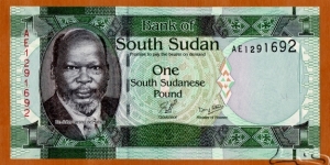 South Sudan | 
1 Pound, 2011 | 

Obverse: Portrait of Dr. John Garang de Mabior (1945-2005), was a Sudanese politician and revolutionary leader, and Dinka warrior spear | 
Reverse: A herd of giraffes | 
Watermark: Dr. John Garang de Mabior, Electrotype '1' and Cornerstones | Banknote