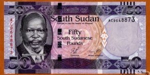 South Sudan | 
50 Pounds, 2011 | 

Obverse: Portrait of Dr. John Garang de Mabior (1945-2005), was a Sudanese politician and revolutionary leader, and Dinka warrior spear | 
Reverse: Elephants | 
Watermark: Dr. John Garang de Mabior, Electrotype '50' and Cornerstones | Banknote