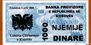 Kosovo | 
1,000 Dinarë, 1999 | 

Obverse: Church of St. Sophia, overprint of Albanian two headed eagle and denomination in Albanian, New date, bank name and issuer added. The text reads 