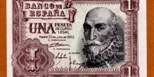 Spain | 
1 Peseta, 1953 | 

Obverse: Portrait of Don Álvaro de Bazán (1526 - 1588), who was a Spanish admiral and the first Marquis of Santa Cruz de Mudela | 
Reverse: One of the Galleys (sailing and rowing ships) of Don Álvaro de Bazán at Battle of Cádiz Bay | Banknote