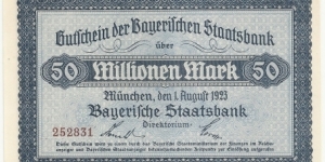 Germany-Bayerische Staatsbank 50 Million Mark 1923 Banknote