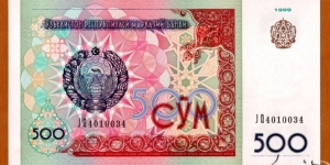 Uzbekistan | 
500 So‘m, 1999 | 

Obverse: National emblem, National ornaments | 
Reverse: Equestrian statue of Amir Temur (Tamerlane) in Tashkent | 
Watermark: National Coat of Arms | Banknote