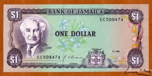 Jamaica | 
1 Dollar, 1990 | 

Obverse: Portrait of Sir William Alexander Clarke Bustamante (1884-1977), and Lignum Vitae (Guiacum Officinale) – the national flower of Jamaica | 
Reverse: Archipelago scene | 
Watermark: Pineapple | Banknote