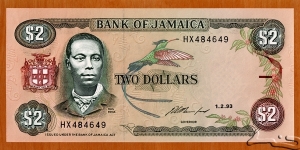 Jamaica | 
2 Dollars, 1993 | 

Obverse: Portrait of Paul Bogle (1822-1865), was a Jamaican Baptist deacon and activist and a National Hero of Jamaica, and Doctor Bird (Trochilus polytmus) – the national bird of Jamaica | 
Reverse: Schoolchildren  | 
Watermark: Pineapple | Banknote