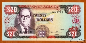 Jamaica | 
20 Dollars, 1995 | 

Obverse: Noel Newton Nethersole (1903-1959), was a Jamaican Rhodes Scholar, cricket player and administrator, lawyer, politician, economist, and Jamaica's Minister for Finance from 1955 to 1959, and The Jamaican flag | 
Reverse: Bank Building in Kingston | 
Watermark: Pineapple | Banknote