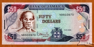 Jamaica | 
50 Dollars, 2008 | 

Obverse: Portrait of Samuel Sharpe (aka Sam Sharpe) (1801-1832), is a National Hero of Jamaica and was an enslaved African Jamaican man who was the leader of the widespread 1832 Baptist War slave rebellion (aka the Christmas Rebellion), and the flowers Morning glory (Ipomoea) and Shrubby Cinquefoil (Dasiphora fruticosa) | 
Reverse: View of Doctor's Cave Beach in Montego Bay | 
Watermark: Samuel Sharpe, Parrot, and Electrotype '50' | Banknote