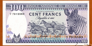 Rwanda | 
100 Amafaranga, 1989 | 

Obverse: A herd of Plains zebras (Equus quagga) | 
Reverse: Rwandan mother carrying her baby on her back, Volcanoes National Park, and Mount Bisoke and Mount Karisimbi | 
Watermark: Head of Antelope Impala | Banknote