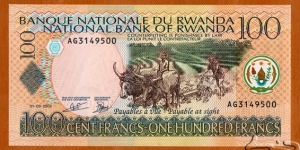 Rwanda | 
100 Amafaranga, 2003 | 

Obverse: Peasants ploughing with Ankole-Watusi bulls | 
Reverse: Lake Kivu | 
Watermark: Watusi (Intore dancer) | Banknote