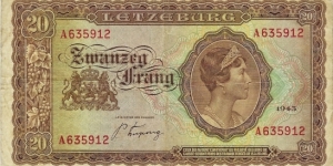 LUXEMBOURG 20 Francs
1943 Banknote