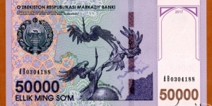 Uzbekistan | 
50,000 So‘m, 2017 | 

Obverse: Uzbekistan National Coat of Arms, National ornaments, and 