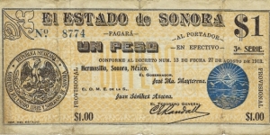 SONORA 1 Peso
1913 Banknote