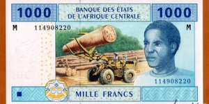 Central African Republic | 
1,000 Francs, 2002 | 

Obverse: Portrait of Teenager, Forest exploitation by logging | 
Reverse: Mechanization of agriculture, and Cattle | 
Watermark: Three heads of antelope Kudu, and Electrotype 'BEAC' | Banknote