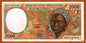 Congo, Republic of the | 
2,000 Francs, 2000 | 

Obverse: Portrait of African girl, Map of Central African States, and Tropical fruits | 
Reverse: Harbour scene | 
Watermark: African girl | Banknote