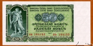 Czechoslovak Republic | 
50 Korún, 1953 | 

Obverse: Statue of Brotherhood in Česká Třebová (Böhmisch Trübau) in eastern Czech Republic | 
Reverse: City view of Banská Bystrica in Slovakia, and National Coat of Arms | Banknote